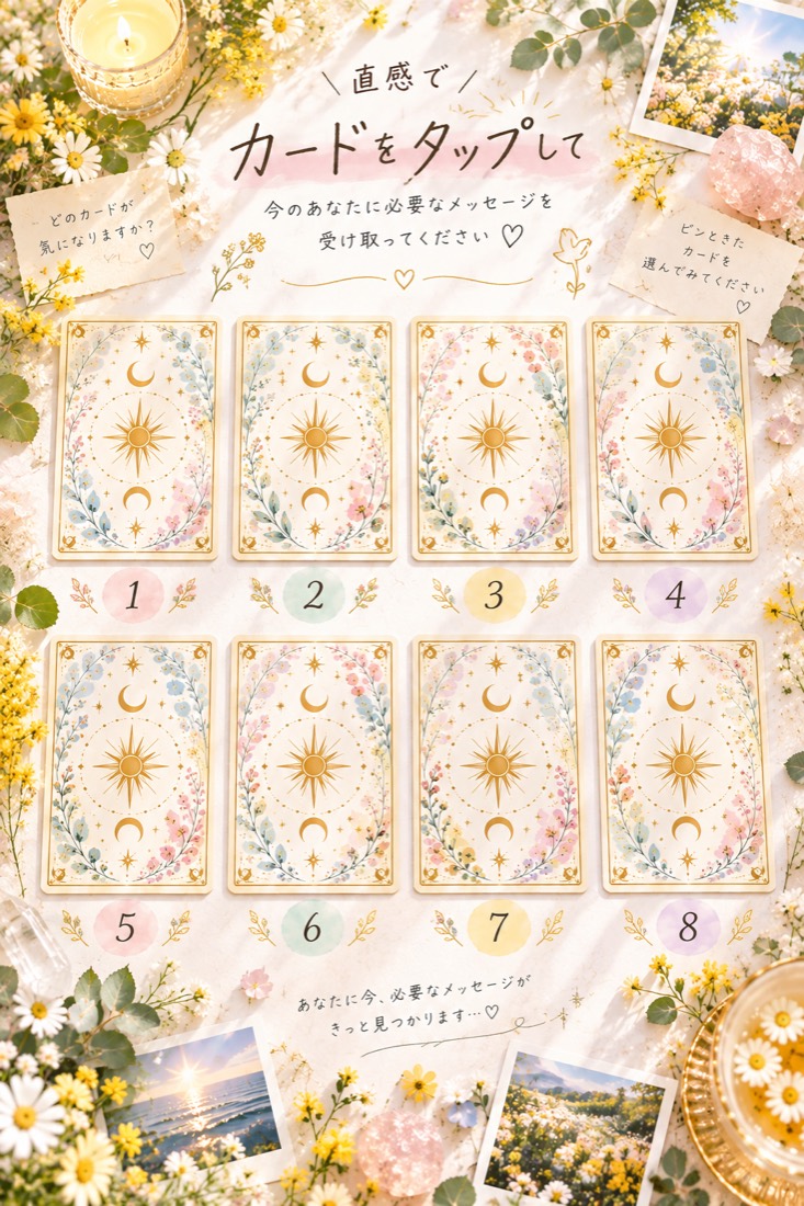 カード診断のイメージ例。花に囲まれたカードが並び、直感で1枚を選んでタップする画面